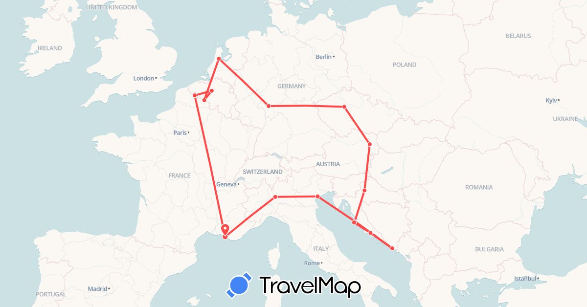 TravelMap itinerary: driving, hiking in Austria, Belgium, Czech Republic, Germany, France, Croatia, Italy, Netherlands (Europe)